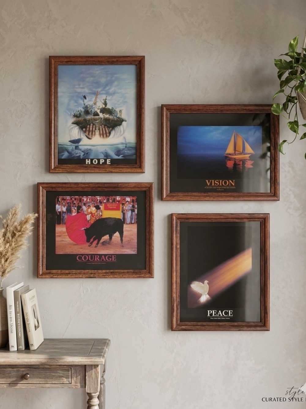 Set of 4 Inspirational Framed Art Prints PEACE VISION HOPE COURAGE Motivational